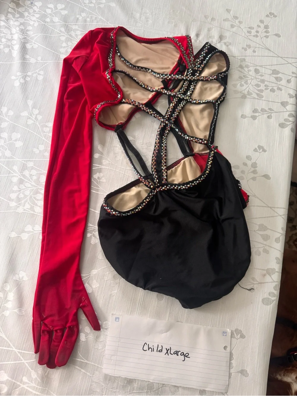 Gorgeous Stunning Custom Girls Red and Black One-Arm Rhinestone Dance Leotard